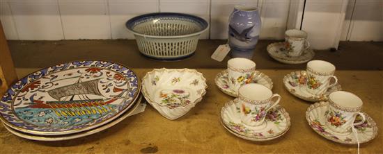 Mixed ceramics, inc a Dresden part teaset & leaf-shaped dish, Meissen style dessert plate, Copenhagen vase & 4 other pieces